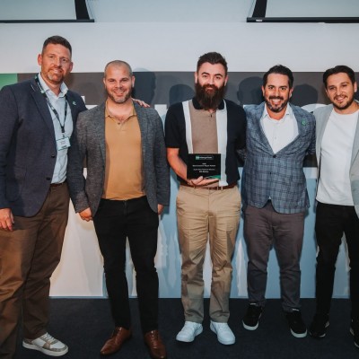 iRG Repair Group MD Lee Wallbank (centre) collected Merthyr's trophy at the Enterprise Repair Partner Event where he is pictured with (left to right): Richard Scorah, Group Vehicle Operations Manager, South-West England & Wales, Enterprise Rent-A-Car; Joe Moore, Commercial & Procurement Director, iRG; Brian Swallow; Managing Director, South-West England & Wales, Enterprise Rent-A-Car and Daniel Lewis, Financial Director, iRG.